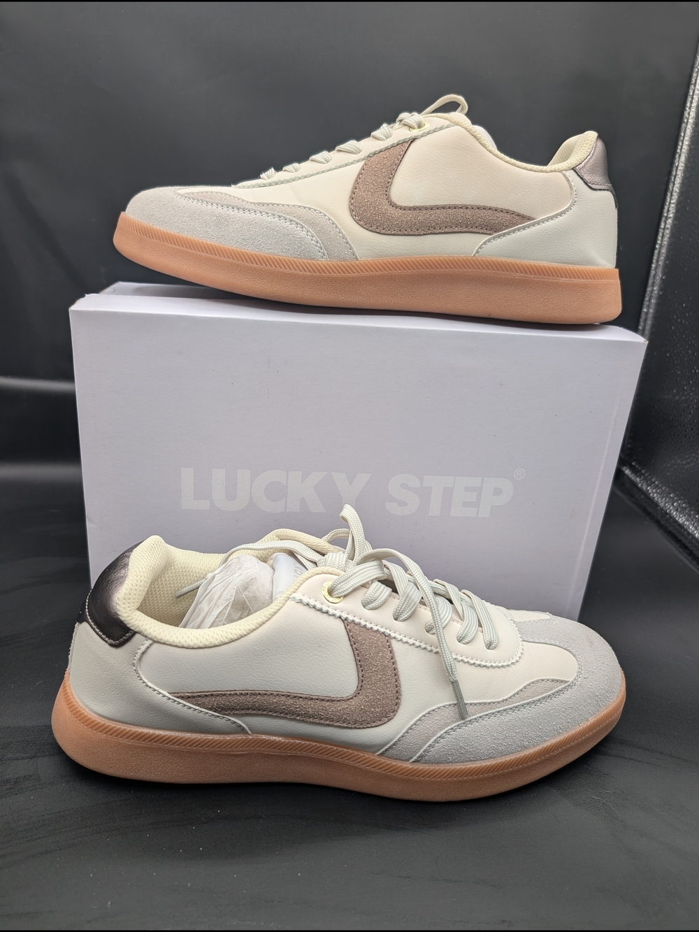 Neutral Cream & Taupe Low-Top Sneakers with Gum Sole